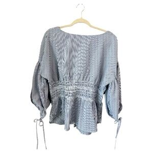 CLICHE PEPLUM NAVY & WHITE STRIPED LONG SLEEVE BOHO BLOUSE SMOCK TOP NWOT XL